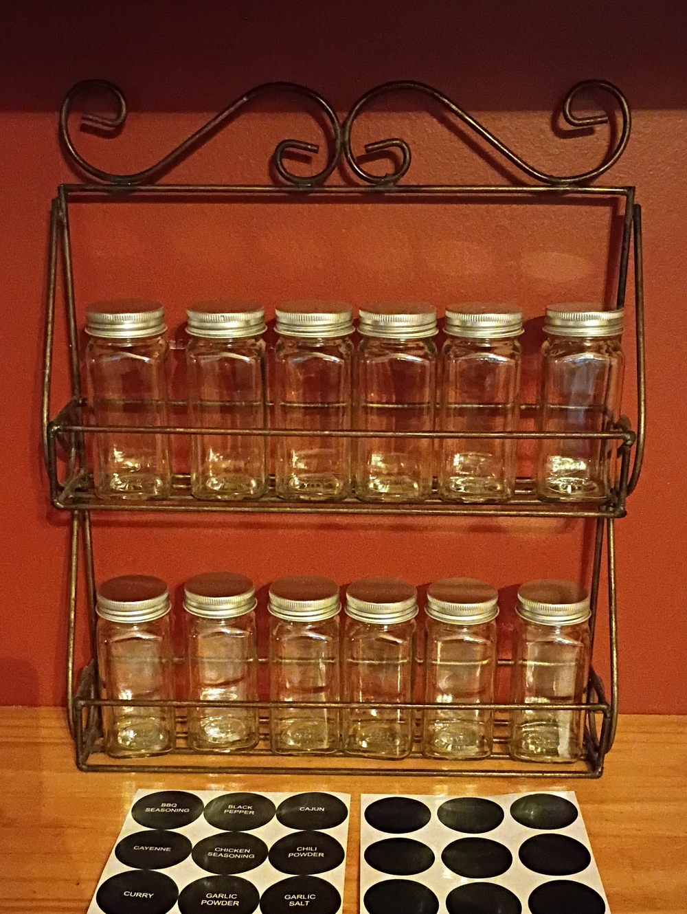 2-Tier Metal Rack with 12 Clear Glass Spice Jars